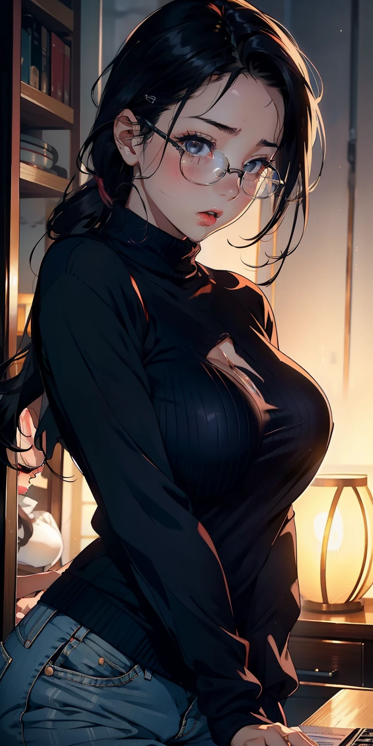 realisticlying、 a 18 year old girl((Grasp your breasts with both hands))、Wear a turtleneck sweater、Breasts enlarged、Open your mouth wide、Sexy Posing、I'm sweating、Redness of cheeks、wears glasses