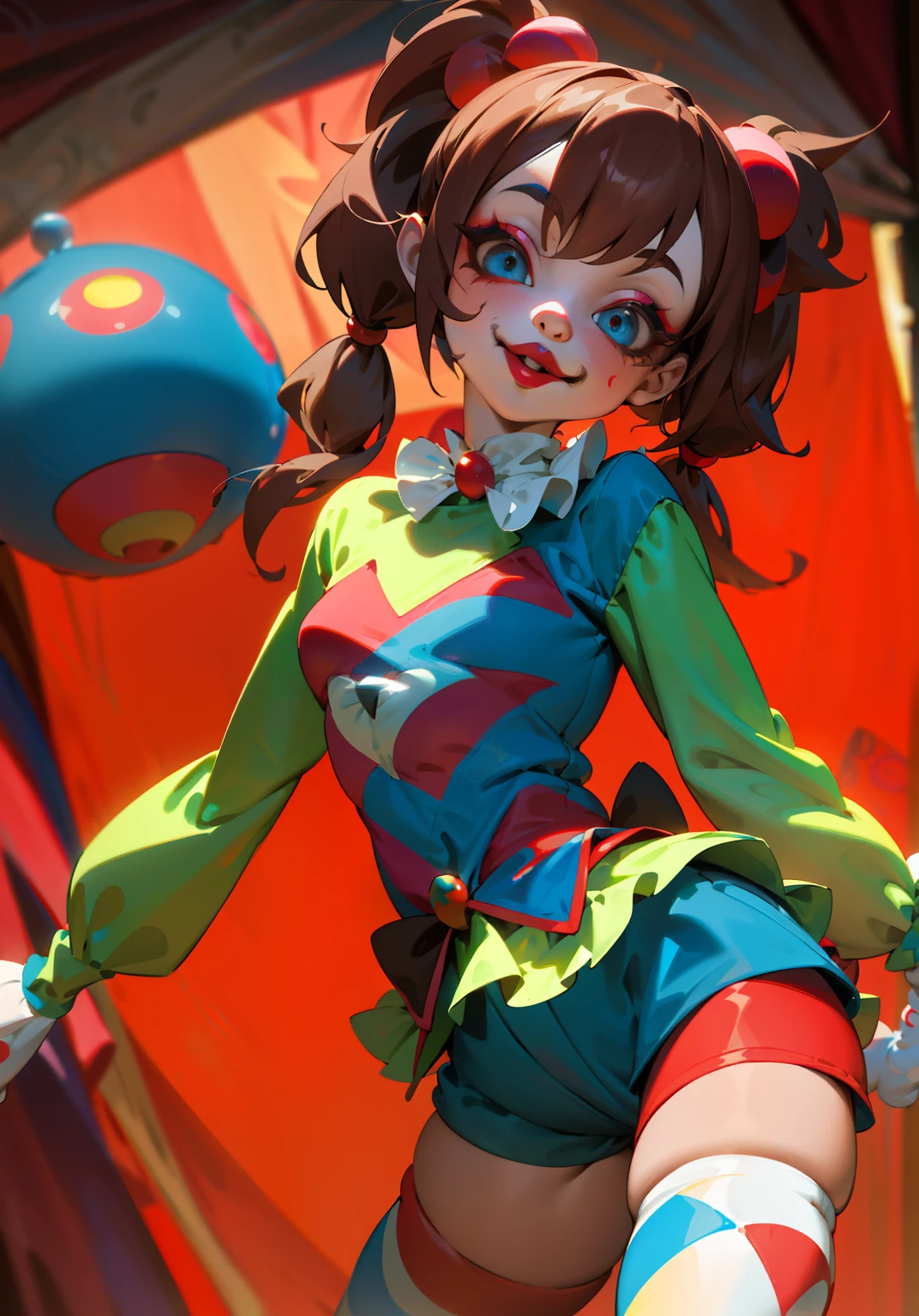 clown girl pomni, brown hair, red and blue eyes, red and blue outfit with round shoulders and thighs, and yellow balls in short, cartoon character of a clown and a red and blue outfit in short, circus red curtain background, cutecore clowncore, y 2 k cutecore clowncore, jester themed, animation character, clown girl, 3d animated, 3 d animated, jester, toonix character, cartoonish cute, 3d character, 3 d character, medieval jester, highly rendered!!, creepy clown girl , insane clown girl, finely detailed, (best quality), (intricate details), cute style, loli, jester style, multicolored, ((long brown hair in pigtails)), best quality, ((long sleeve shirt and shorts)), ((red and white clothes)), ((jester style clothes)), ((thigh high socks)), ((round eyes)), ((has jester makeup)), beautiful face, happy, cute face, pinup, perfect face, simple background portrait