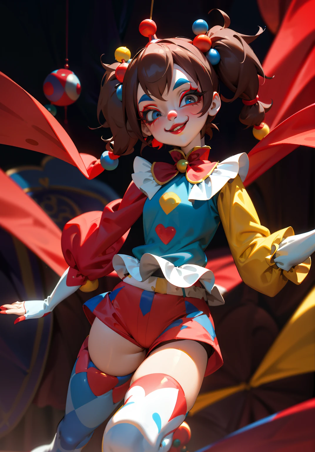 clown girl pomni, brown hair, red and blue eyes, red and blue outfit with round shoulders and thighs, and yellow balls in short, cartoon character of a clown and a red and blue outfit in short, circus red curtain background, cutecore clowncore, y 2 k cutecore clowncore, jester themed, animation character, clown girl, 3d animated, 3 d animated, jester, toonix character, cartoonish cute, 3d character, 3 d character, medieval jester, highly rendered!!, creepy clown girl , insane clown girl, finely detailed, (best quality), (intricate details), cute style, loli, jester style, multicolored, ((long brown hair in pigtails)), best quality, ((long sleeve shirt and shorts)), ((red and white clothes)), ((jester style clothes)), ((thigh high socks)), ((round eyes)), ((has jester makeup)), beautiful face, happy, cute face, pinup, perfect face, simple background portrait