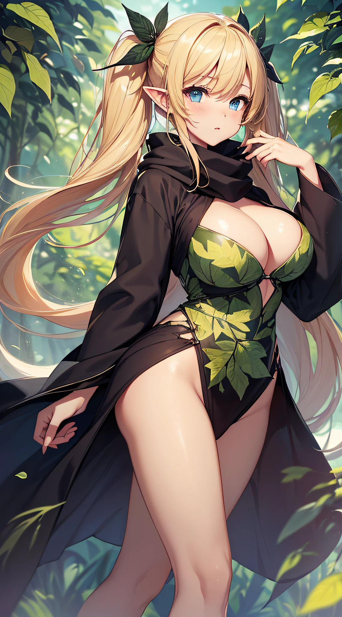 top-quality、Top image quality、​masterpiece、An elf girl((18year old、Best Bust、big bast,Beautiful blue eyes、Breasts wide open, Blonde twintails、A slender,Large valleys、red scarf、Clothes in black robes、Hold your right hand forward、Put your left hand on your chest、Fluttering hair)）hiquality、Beautiful Art、Background with((Large grasslands、sunrises,strong breeze、Fluttering leaves)))、,masutepiece、visualart、depth of fields、