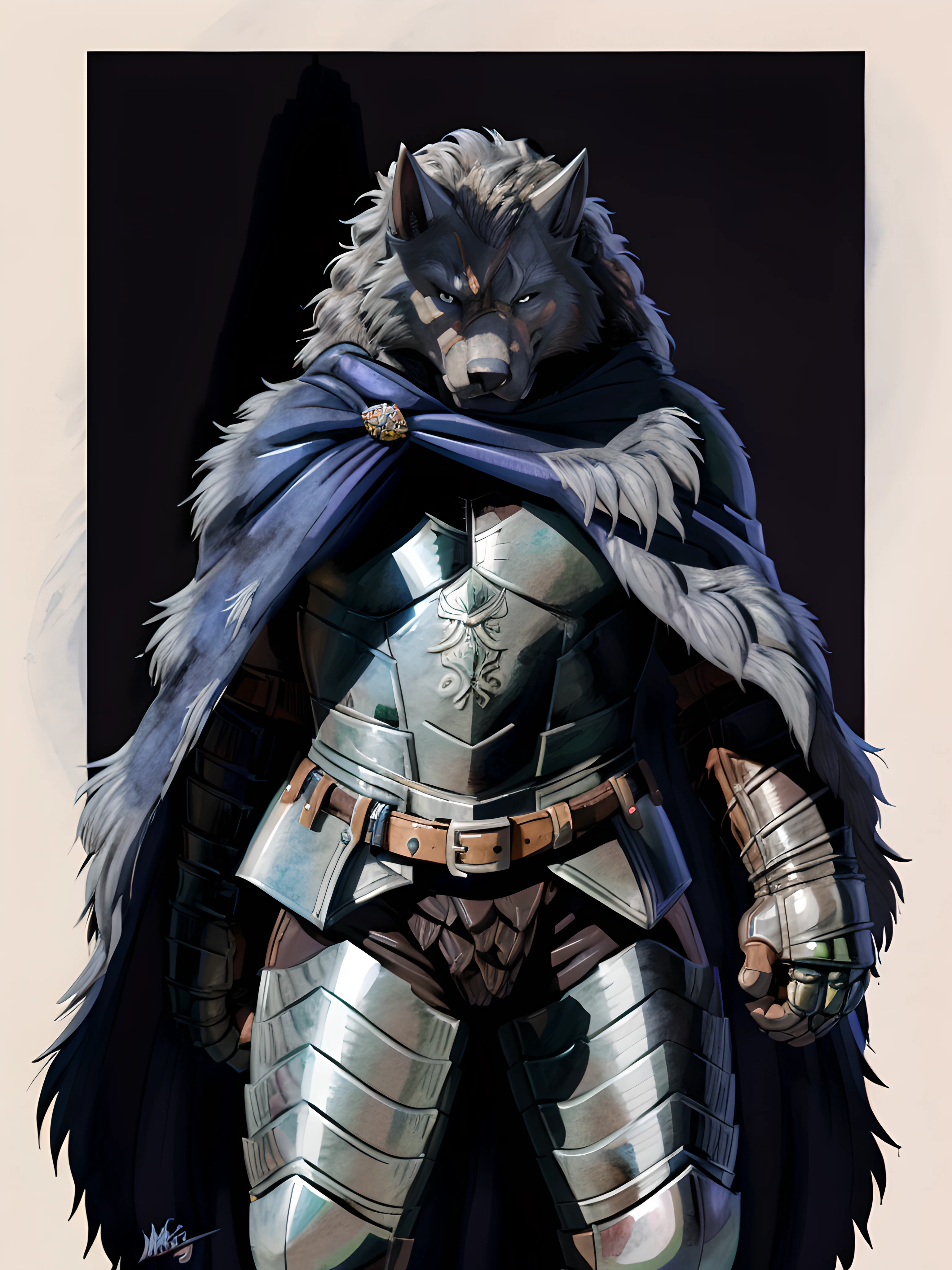 blaidd (elden ring), furry body, very muscular, heavyweight, armor, cape, pants, belt, male, masculine, 4k, high resolution, detailed, correct anatomy, correct proportions, (featureless background, dark background, black forest background), half body, (by wfa, by negger:1.0), detailed eyes, darkness:1.3