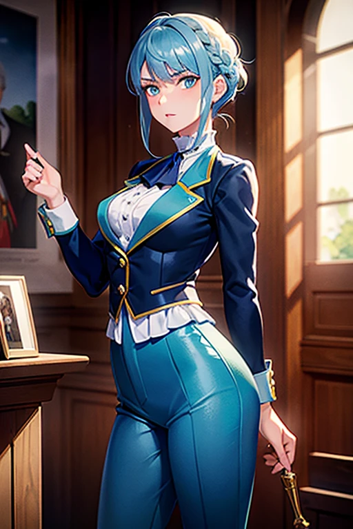 0ne middle age women in a justice Hall, Lawyer, 30 ans, Franziska Von Karma, Cyan Blue Hair, Puffy clothes, Clothing with ruffles, Wear a blue pant ,Use a Whip, Regard strict, Stern look. (Best quality:1.1), (Masterpiece:1.4), 1fille, (cheveux volumineux)+ , cheveux courts, (Yeux verts) Petits seins, (small lips ) + , peau brillante, brillant,