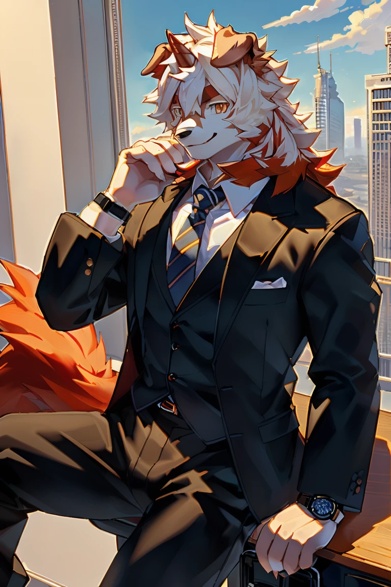 (by Hioshiru, by null-ghost, By personalami, by Honovy, by thebigslick, author：Feinhertz), Male, Solo, domestic dog, horn, floppy ears, clawed paws,  Smile, During the day，cloudless sky，In the office building，Masterpiece, Best quality, offcial art, Extremely detailed Cg Unity 8K wallpaper, Ultra-detailed, Best Illustration, Best shadow, Perfect lighting, pegging (/arknight/), White fur, Furry male, Dog boy, Furry, Two-tone fur, 1boys, multicolored hair, Male focus, Horns, Striped hair, Dog ears, Animal ears, single horn, Brown fur, bangs, Orange hair, White hair, Medium hair, Orange eyes, Solo,Black pupils，In black suit，Black trousers，White color blouse，Plaid tie，full bodyesbian，leather shoes，A collar is worn around his neck，Wrist watch，briefcase，Coffee in hand，Orange tail，Fluffy tail，full bodyesbian，Tall and strong，Computer，Floor glass，ssmile，Toothy