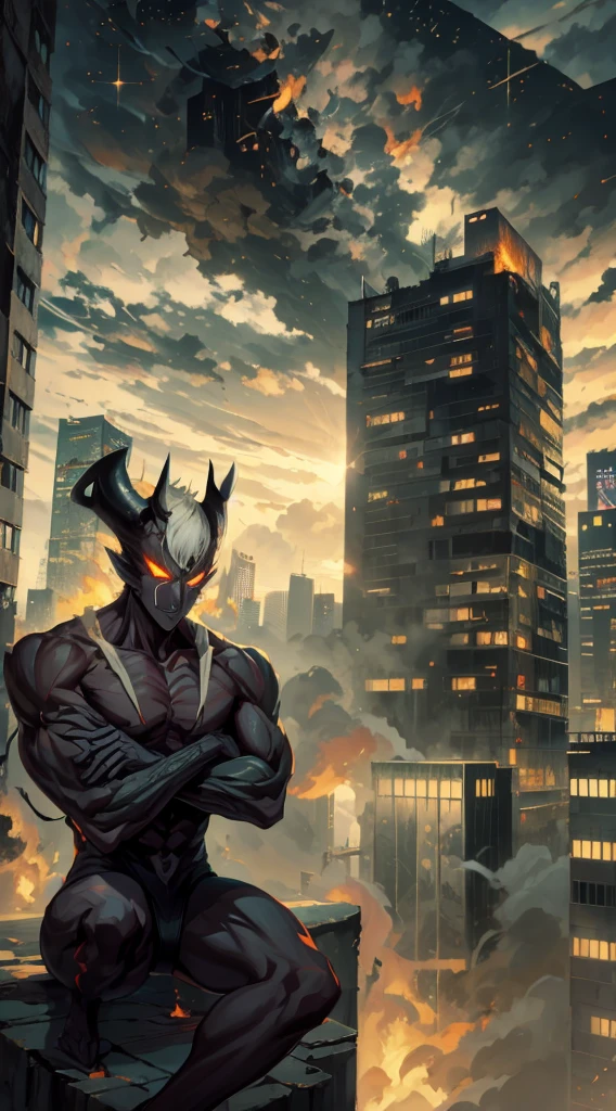 Devilman,Sit on the edge of a skyscraper,looking-down,Burning cityscape,Ruined cityscape