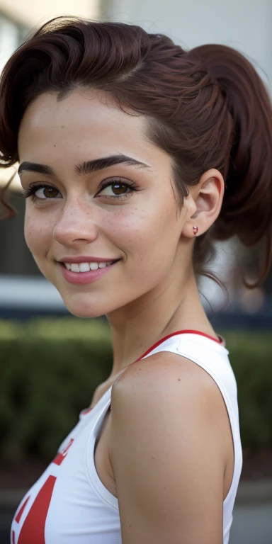 Photo of a -yeld Euean girl, .RAW, beautiful woman, (Light brown hair with ponytail hairstyle ), peinado de cola de caballo ((retrato)), ((Cara detallada:1.2)), ((Detailed facial features)), (Piel finamente detallada), Pale skin , con pecas en mejillas ,parque, Noria de Londres、ropa deportiva , playera de manga larga roja con blanco、senos medianos ,linda sonrisa (cool color), humid, humid, Reflectores, (Masutepiece) (proporciones perfectas)(fotos realistas)(La mejor calidad) (Detallado) fotografiado con una EOS R5 de Canon, Lente de 50 mm, f/2.8, NffSW, (8k) (papel tapiz) (cinematic lighting) (Dramatic lighting) (foco nítido) (Enrevesado) , Baseball , mirando seductora mente