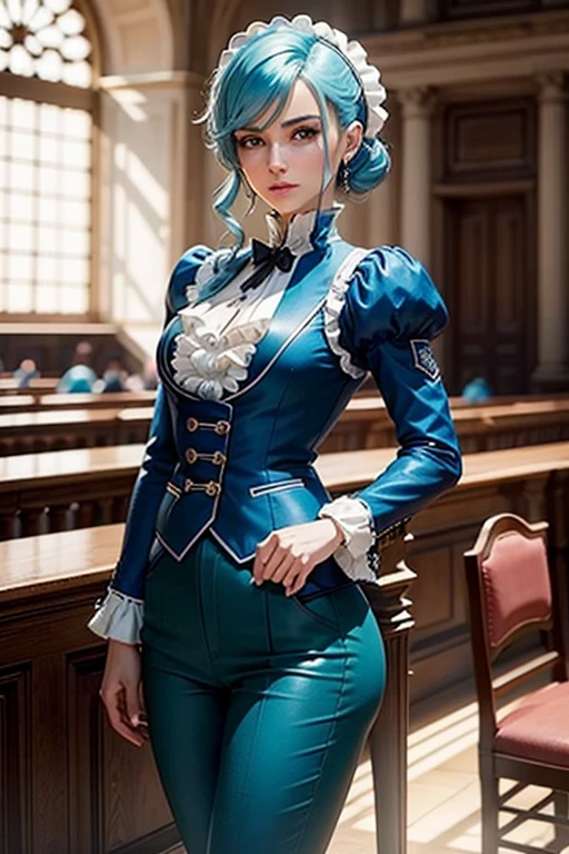 0ne middle age women in a justice Hall, Lawyer, 30 ans, Franziska Von Karma, Cyan Blue Hair, Puffy clothes, Clothing with ruffles, Wear a blue pant ,Use a Whip, Cyan blue clothes, , Regard strict, Stern look. (Best quality:1.1), (Masterpiece:1.4), 1fille, (cheveux volumineux)+ , cheveux courts, (Yeux verts) Petits seins, (small lips ) + , peau brillante, brillant,