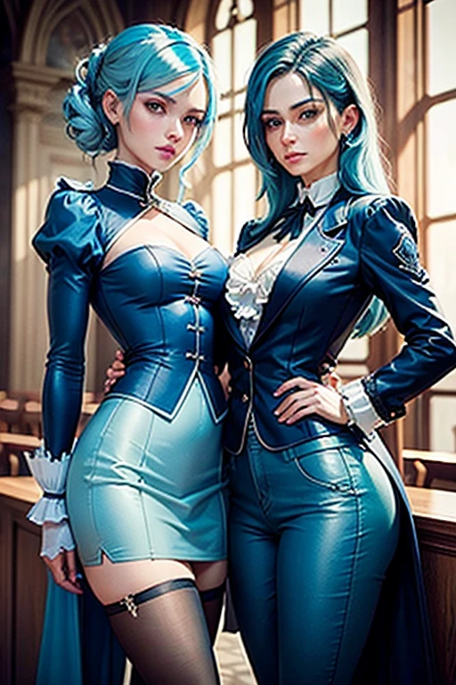 0ne middle age women in a justice Hall, Lawyer, 30 ans, Franziska Von Karma, Cyan Blue Hair, Puffy clothes, Clothing with ruffles, Wear a blue pant ,Use a Whip, Cyan blue clothes, , Regard strict, Stern look. (Best quality:1.1), (Masterpiece:1.4), 1fille, (cheveux volumineux)+ , cheveux courts, (Yeux verts) Petits seins, (small lips ) + , peau brillante, brillant,