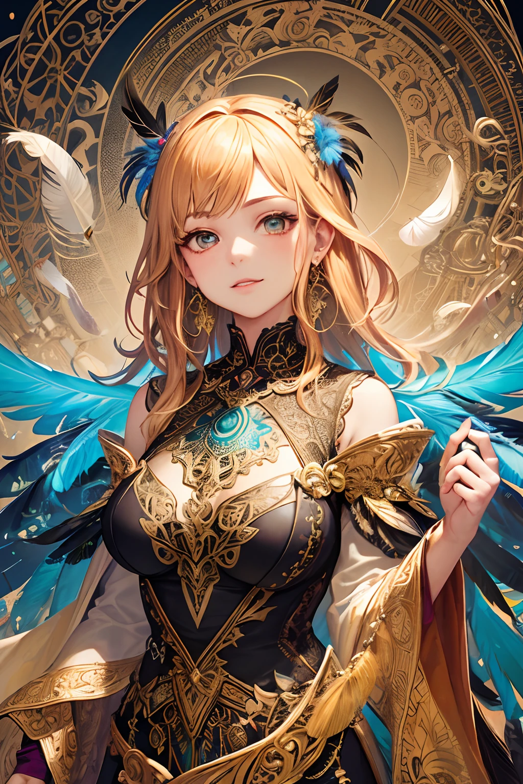 girl with,Huge breasts,off shoulders,Golden hair,Colored feathers,metal ornaments,colorful flower,Particle,Rays of Light,(masutepiece, of the highest quality, Best Quality, Official art, Beautiful and aesthetic:1.2), (1girl in:1.3), Extremely detailed,(Fractal Art:1.1),(Colorful:1.1)(Flowers:1.3),highest details,(Zentangle:1.2), (Dynamic Pose), (Abstract background:1.3), (Shiny skin), (Many colors:1.4), ,(earrings:1.4), (Feathers:1.4)