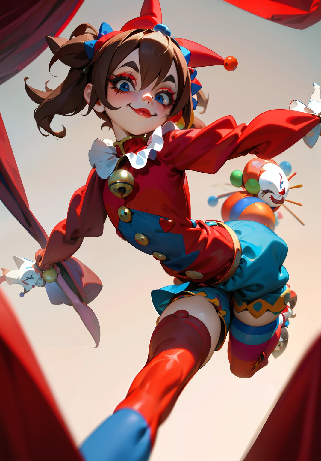 clown girl pomni, brown hair, red and blue eyes, red and blue outfit with round shoulders and thighs, and yellow balls in short, cartoon character of a clown and a red and blue outfit in short, circus red curtain background, cutecore clowncore, y 2 k cutecore clowncore, jester themed, animation character, clown girl, 3d animated, 3 d animated, jester, toonix character, cartoonish cute, 3d character, 3 d character, medieval jester, highly rendered!!, creepy clown girl , insane clown girl, finely detailed, (best quality), (intricate details), cute style, loli, jester style, multicolored, ((long brown hair in pigtails)), best quality, ((long sleeve shirt and shorts)), ((red and white clothes)), ((jester style clothes)), ((thigh high socks)), ((round eyes)), ((has jester makeup)), beautiful face, happy, cute face, pinup, perfect face, simple background portrait