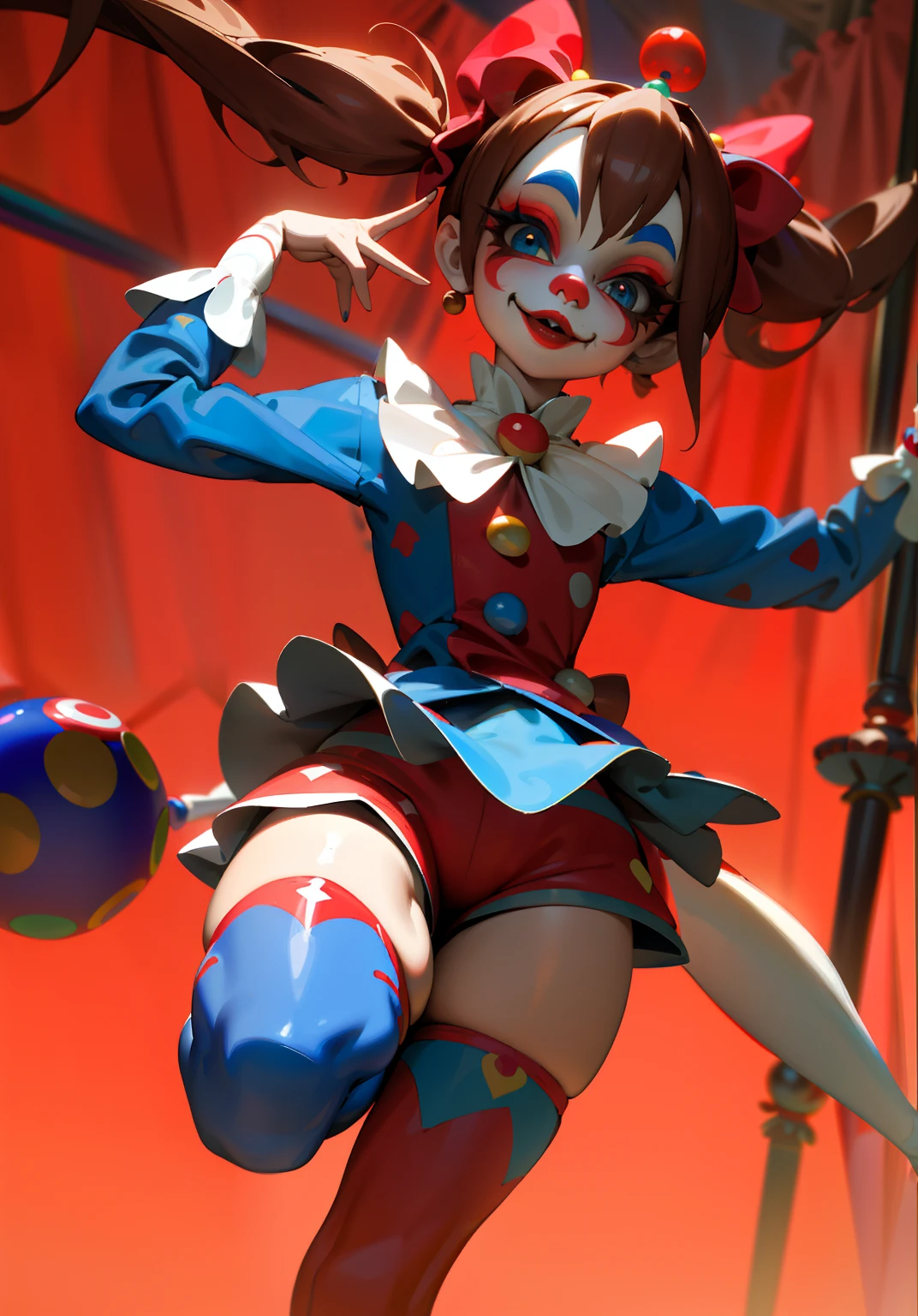 clown girl pomni, brown hair, red and blue eyes, red and blue outfit with round shoulders and thighs, and yellow balls in short, cartoon character of a clown and a red and blue outfit in short, circus red curtain background, cutecore clowncore, y 2 k cutecore clowncore, jester themed, animation character, clown girl, 3d animated, 3 d animated, jester, toonix character, cartoonish cute, 3d character, 3 d character, medieval jester, highly rendered!!, creepy clown girl , insane clown girl, finely detailed, (best quality), (intricate details), cute style, loli, jester style, multicolored, ((long brown hair in pigtails)), best quality, ((long sleeve shirt and shorts)), ((red and white clothes)), ((jester style clothes)), ((thigh high socks)), ((round eyes)), ((has jester makeup)), beautiful face, happy, cute face, pinup, perfect face, simple background portrait