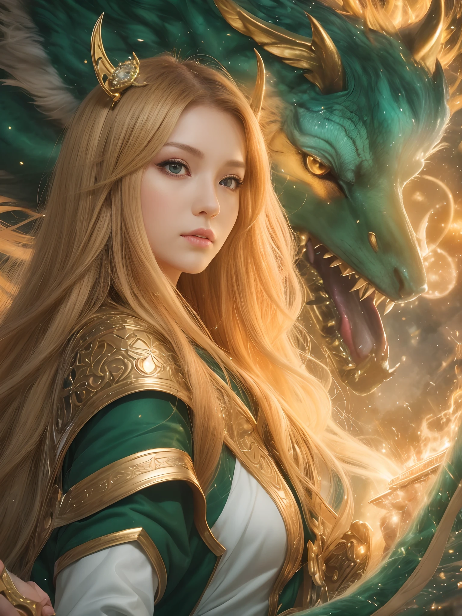 (((nffsw))), (((masutepiece))), (((8K))), (((hight resolution))), (((photographrealistic))), god rays, Zoom Layer, (((FULL BODYSHOT))), F/4.0, canon, Shiny skin,Detailed skin,Detailed face, Detailed eyes, 15-year-old beautiful Female summoner with summoned beasts, calling forth summoned beasts, beautiful face , Long, straight, golden hair, Large, green eyes, Traditional, white hakama, Blue ribbon in hair, Red belt, Calf-length boots, Occasionally wears jewelry, summoning ritual, a soft, ethereal glow emanating from her hands, symbols of power materializing beneath her feet, enveloped in a sparkling magical aura