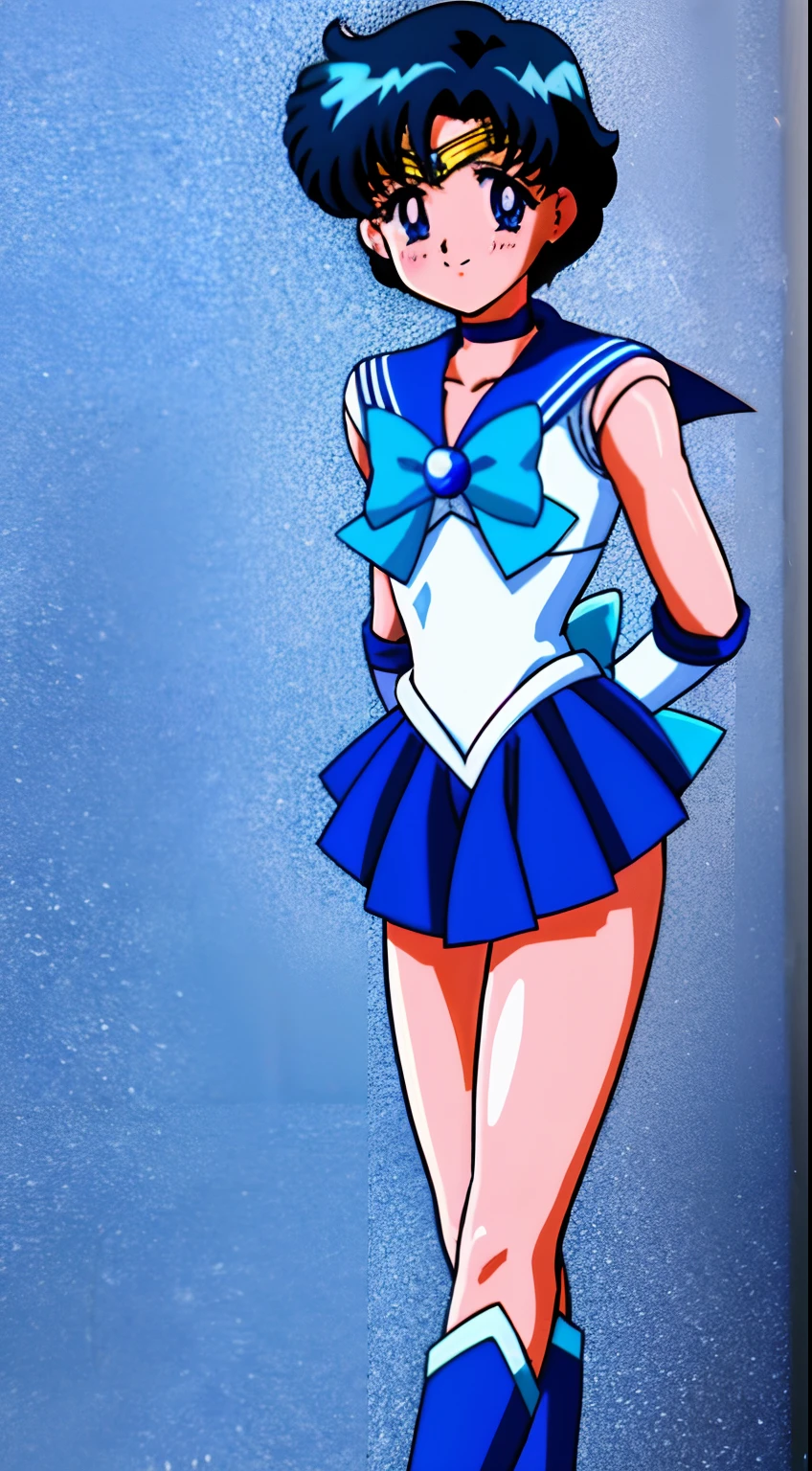 Sailor Senshi Uniform、Anime Boy、Handsome boy、Junior high school boys、Ami Mizuno、gender change、Sailor Mercury、gender change(Girls to boys)、rating:safe、solo、Blue sailor collar、Sky blue bow tie、Magical Boy、Blue choker、Very short blue-haired boy、jewelry、skirt、耳Nipple Ring、white glove、elbowgloves、bow、Blue knee boots、Blue Heeled Boots、a blue skirt、circlet、Blue-eyed boy、back_bow、White leotard、highleg leotard、robe blanche、Boy with very short black hair、blue_bow、sky blue_bow、white_bow、Boy standing、smile、a miniskirt、pleatedskirt、Muscular men、photo、Bare shoulders、bare legs、Retro Anime Boys、an retro anime image、cel shaded anime、Hymns to the King as a Prince、full-body close-up shot、Anime、Soft lighting、(1990's\(styles\):0.9)、