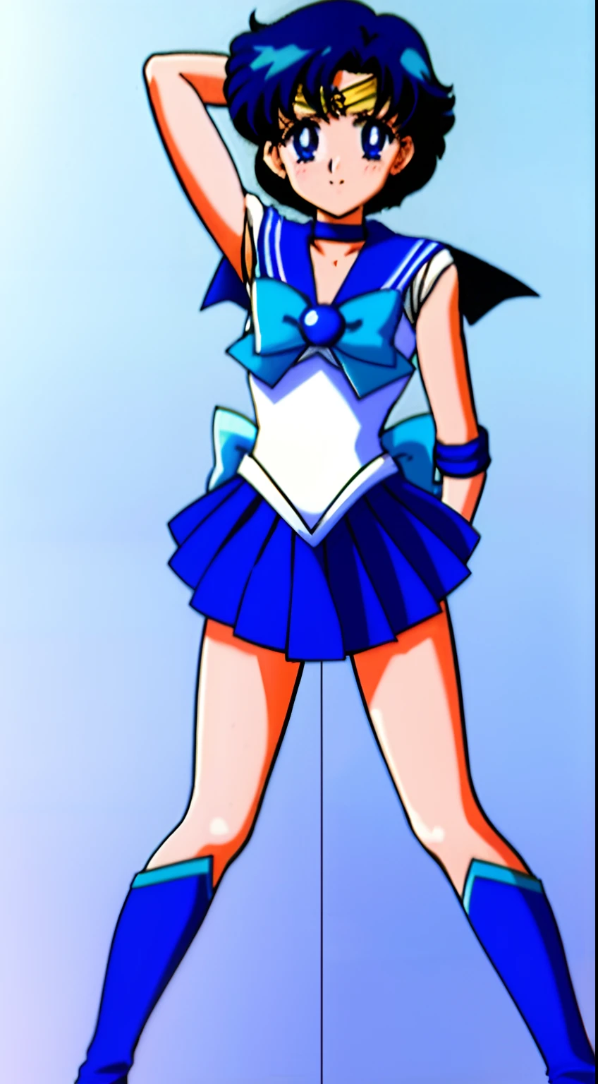 Sailor Senshi Uniform、Anime Boy、Handsome boy、Junior high school boys、Ami Mizuno、gender change、Sailor Mercury、gender change(Girls to boys)、rating:safe、solo、Blue sailor collar、Sky blue bow tie、Magical Boy、Blue choker、Very short blue-haired boy、jewelry、skirt、耳Nipple Ring、white glove、elbowgloves、bow、Blue knee boots、Blue Heeled Boots、a blue skirt、circlet、Blue-eyed boy、back_bow、White leotard、highleg leotard、robe blanche、Boy with very short black hair、blue_bow、sky blue_bow、white_bow、Boy standing、smile、a miniskirt、pleatedskirt、Muscular men、photo、Bare shoulders、bare legs、Retro Anime Boys、an retro anime image、cel shaded anime、Hymns to the King as a Prince、full-body close-up shot、Anime、Soft lighting、(1990's\(styles\):0.9)、