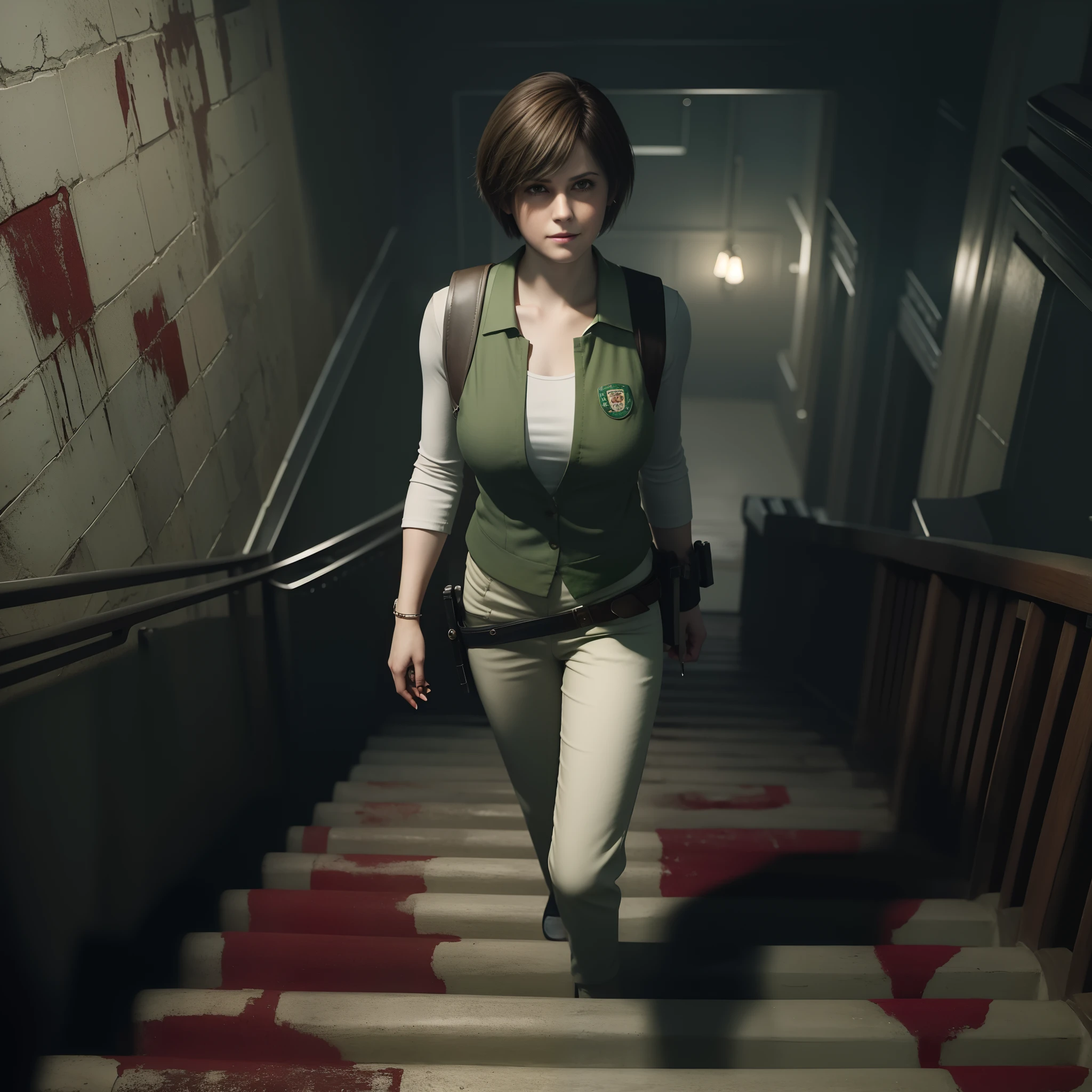 Rebecca Chambers, beautiful face, bob hair, perfect Face, wearing green vest with white pants,  nail polish, Look straight, glare, little smile