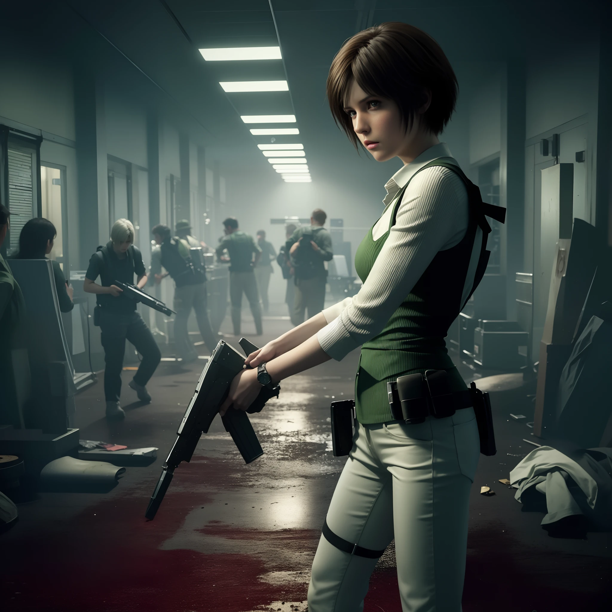 Rebecca Chambers, beautiful face, bob hair, perfect Face, wearing green vest with white pants,  nail polish, Look straight, glare