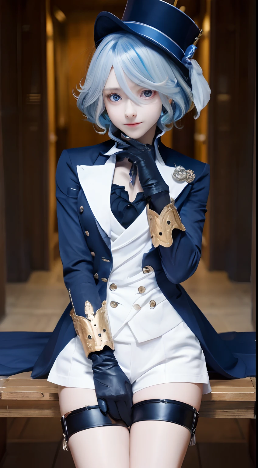 furina, furina, blue eyes, blue hair, cowlick, ahoge, hair over one eye, light blue hair, short hair,
BREAK asymmetrical gloves, black gloves, frills, gloves, half gloves, hat, shorts, tailcoat, thigh strap, top hat, white gloves, white shorts,
BREAK looking at viewer,
BREAK indoors,
BREAK (masterpiece:1.2), best quality, high resolution, unity 8k wallpaper, (illustration:0.8), (beautiful detailed eyes:1.6), extremely detailed face, perfect lighting, extremely detailed CG, (perfect hands, perfect anatomy),