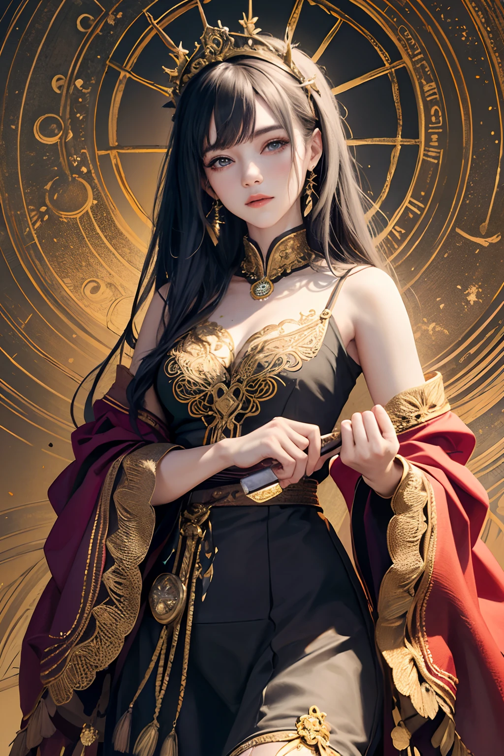 (masterpiece, top quality, best quality, official art, beautiful and aesthetic:1.2), (1girl), extreme detailed,colorful,highest detailed, official art, unity 8k wallpaper, ultra detailed, beautiful and aesthetic, beautiful, masterpiece, best quality, (zentangle, mandala, tangle, entangle) ,holy light,gold foil,gold leaf art,glitter drawing, PerfectNwsjMajic