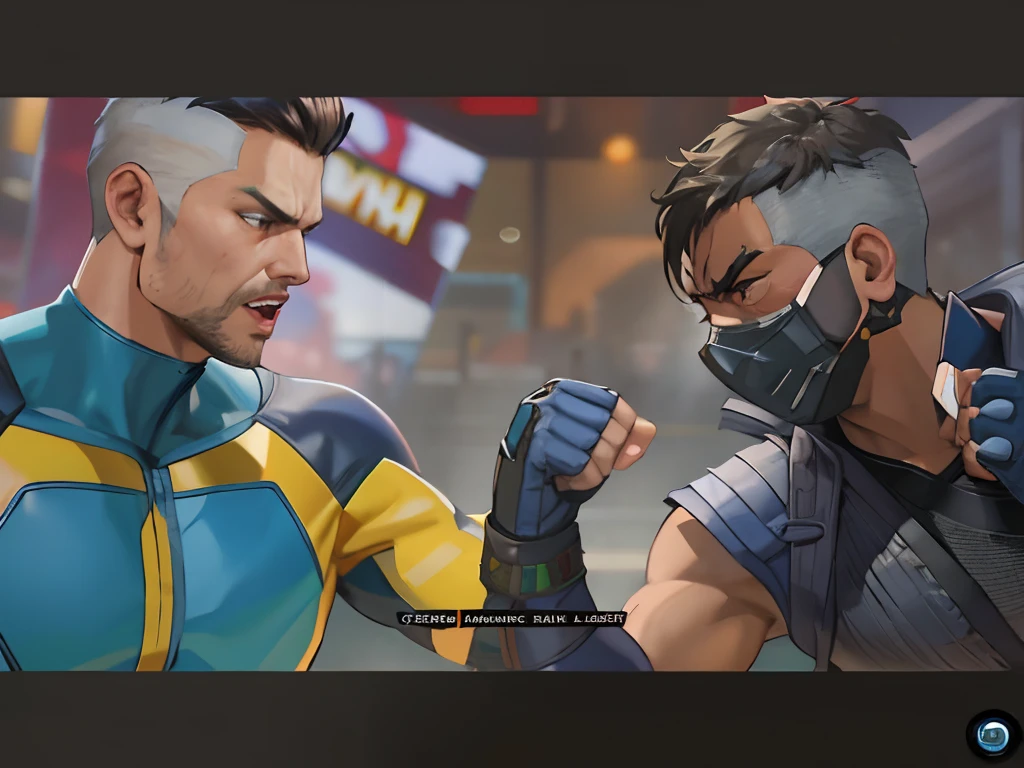 there are two men in costumes one is wearing a mask and the other is wearing a mask, close-up fight, posing for a fight intricate, video game cutscene, cutscene footage, fighting game, dead or alive 6, mortal kombat 11, cutscene, fighting game character, 2020 video game screenshot, cgi cutscene