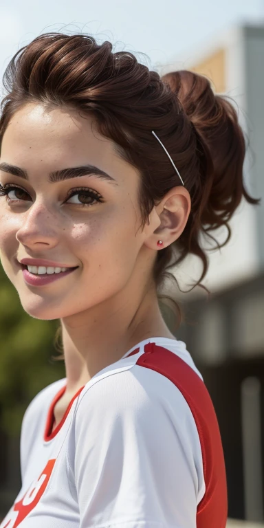 Photo of a 15-year-old European girl, .RAW, beautiful woman, (Light brown hair with ponytail hairstyle ), peinado de cola de caballo ((retrato)), ((Cara detallada:1.2)), ((Detailed facial features)), (Piel finamente detallada), Pale skin , con pecas en mejillas ,parque, Noria de Londres、ropa deportiva , playera de manga larga roja con blanco、senos medianos ,linda sonrisa , risa ,(cool color), humid, humid, Reflectores, (Masutepiece) (proporciones perfectas)(fotos realistas)(La mejor calidad) (Detallado) fotografiado con una EOS R5 de Canon, Lente de 50 mm, f/2.8, NffSW, (8k) (papel tapiz) (cinematic lighting) (Dramatic lighting) (foco nítido) (Enrevesado) , pelota de tenis , mirando seductora mente , cuerpo completo