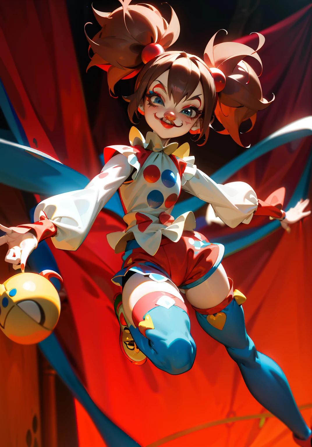 clown girl pomni, brown hair, red and blue eyes, red and blue outfit with round shoulders and thighs, and yellow balls in short, cartoon character of a clown and a red and blue outfit in short, circus red curtain background, cutecore clowncore, y 2 k cutecore clowncore, jester themed, animation character, clown girl, 3d animated, 3 d animated, jester, toonix character, cartoonish cute, 3d character, 3 d character, medieval jester, highly rendered!!, creepy clown girl , insane clown girl, finely detailed, (best quality), (intricate details), cute style, loli, jester style, multicolored, ((long brown hair in pigtails)), best quality, ((long sleeve shirt and shorts)), ((red and white clothes)), ((jester style clothes)), ((thigh high socks)), ((round eyes)), ((has jester makeup)), beautiful face, happy, cute face, pinup, perfect face, simple background portrait