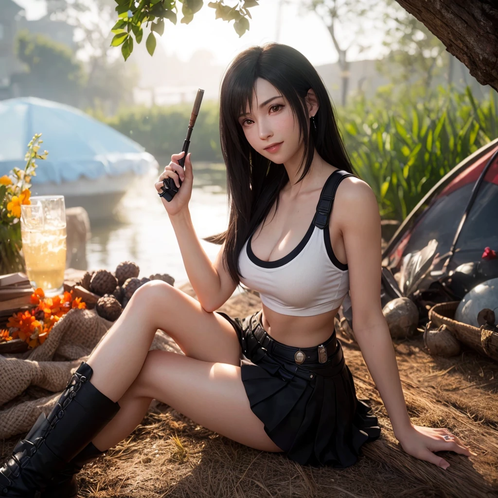 (best quality, ultra-detalhado, Realistic:1.37), Tifa Lockhart, rosto delicado, Rosto detalhado, Sweet smile expression, Corpo Perfeito, textura ultra realista, Retratos, vivid colors, soft lighting