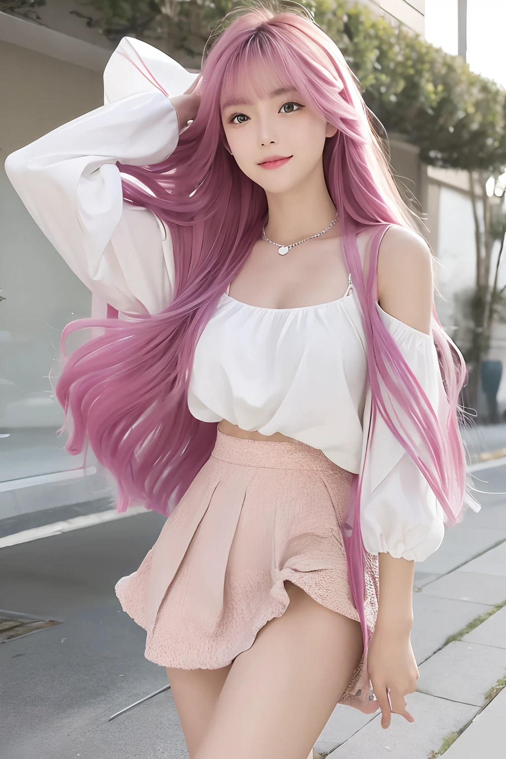 "(Best picture quality、A masterpice), white backgrounid, Ultra-thin paper，Sparkling, Beautiful and tasteful, The wind blew for a long time，ssmile, Curly pink hair, Vivid and stunning，Scottish pleated skirt，Greater wind，The wind blows hair，Floating hair，Static clothes，Short sleeved bodice，extra very long hair，12 meters long hair，Hair grows to the floor，Correct limbs，"