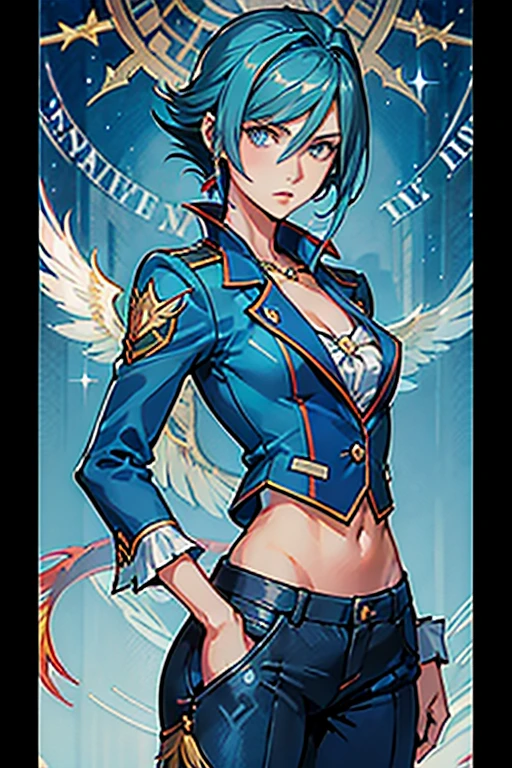 Franziska Von Karma ((Phoenix Wright : ace attorney)) in a justice Hall, Lawyer, 30 ans, Cyan Blue Hair, Puffy clothes, Clothing with ruffles, Wear a blue pant ,Use a Whip, Cyan blue clothes, , Regard strict, Stern look. (Best quality:1.1), (Masterpiece:1.4), 1fille, (cheveux volumineux)+ , cheveux courts, (Yeux verts) Petits seins, (small lips ) + , peau brillante, brillant,