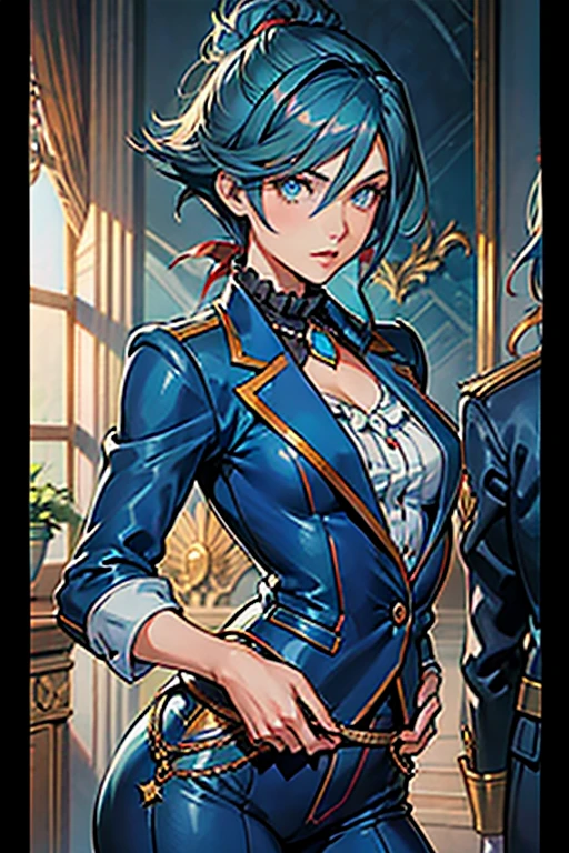 Franziska Von Karma ((Phoenix Wright : ace attorney))  in a justice Hall, Lawyer, 30 ans, Cyan Blue Hair, Puffy clothes, Clothing with ruffles, Wear a blue pant ,Use a Whip, Cyan blue clothes, , Regard strict, Stern look. (Best quality:1.1), (Masterpiece:1.4), 1fille, (cheveux volumineux)+ , cheveux courts, (Yeux verts) Petits seins, (small lips ) + , peau brillante, brillant,