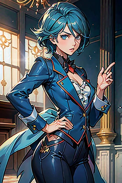 1girl, ((mei karuma)), (holding whip), courtroom, (smirk), (black vest over white shirt), juliet sleeves, turquoise cufflinks and jewels, (pencil skirt), pantyhose, black gloves, large white bow on chest with turquoise jewel in the centre , black high heels, (short hair), (silver-blue hair), dynamic lighting, artgerm, 1940s pin-up ad, alphonse mucha, akihiko yoshida, krenz cushart