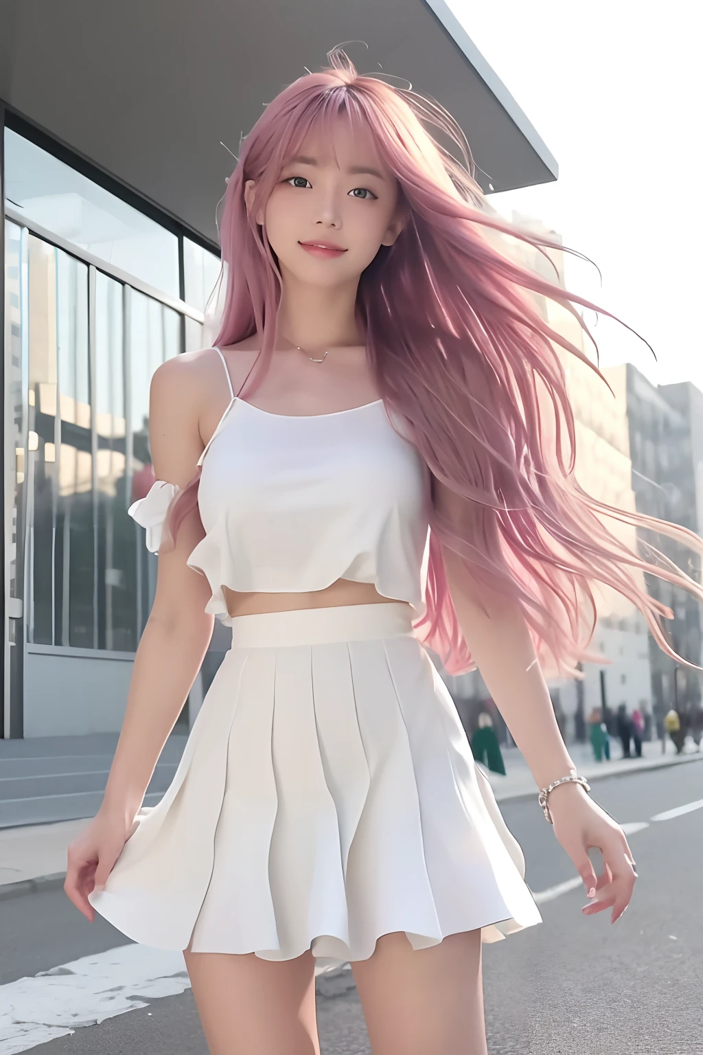 "(Best picture quality、A masterpice), white backgrounid, Ultra-thin paper,Sparkling, Beautiful and tasteful, The wind blew for a long time,ssmile, Curly pink hair, Vivid and stunning,Scottish pleated skirt,Greater wind,The wind blows hair,Floating hair,Static clothes,Short sleeved bodice,extra very long hair,12 meters long hair,Hair grows to the floor,Correct limbs,"