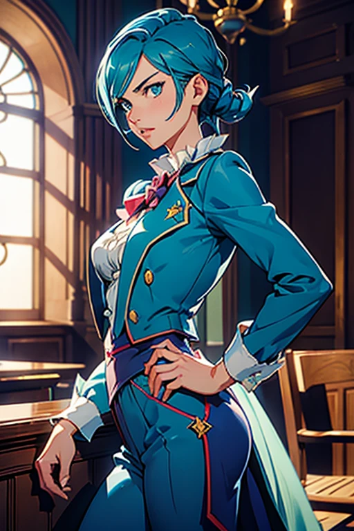 Franziska Von Karma ((Phoenix Wright : ace attorney))  in a justice Hall, Lawyer, 30 ans, Cyan Blue Hair, Puffy clothes, Clothing with ruffles, Wear a blue pant ,Use a Whip, Cyan blue clothes, , Regard strict, Stern look. (Best quality:1.1), (Masterpiece:1.4), 1fille, (cheveux volumineux)+ , cheveux courts, (Yeux verts) Petits seins, (small lips ) + , peau brillante, brillant,