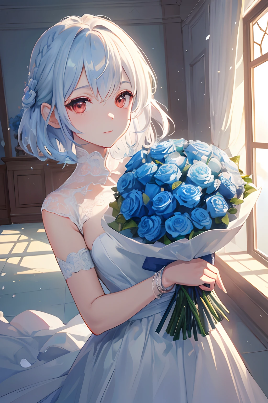 (masutepiece.top-quality).(Dynamic Angle). (Very spectacular detail CG painting),(image perfect)、comic strip.Illustration.1 girl in.Detailed face、face perfect.delicated face、Girl in delicate white wedding dress、Textured skin、White hair.short-hair、(short braided hair)、((Beautiful red eyes)).Delicate and beautiful eyes、Eyes written in detail、Reflected eyes、Watery eyes、smil.(Holding a bouquet of blue roses:1.3).(Blue petals flutter:0.8)、((Girl in white prom dress))、8k wallpaper、cowboy shot、Reflected Light、highestdetailed、Convoluted、Delicate background、Textured skin、Detailed skin、(ultra res)、