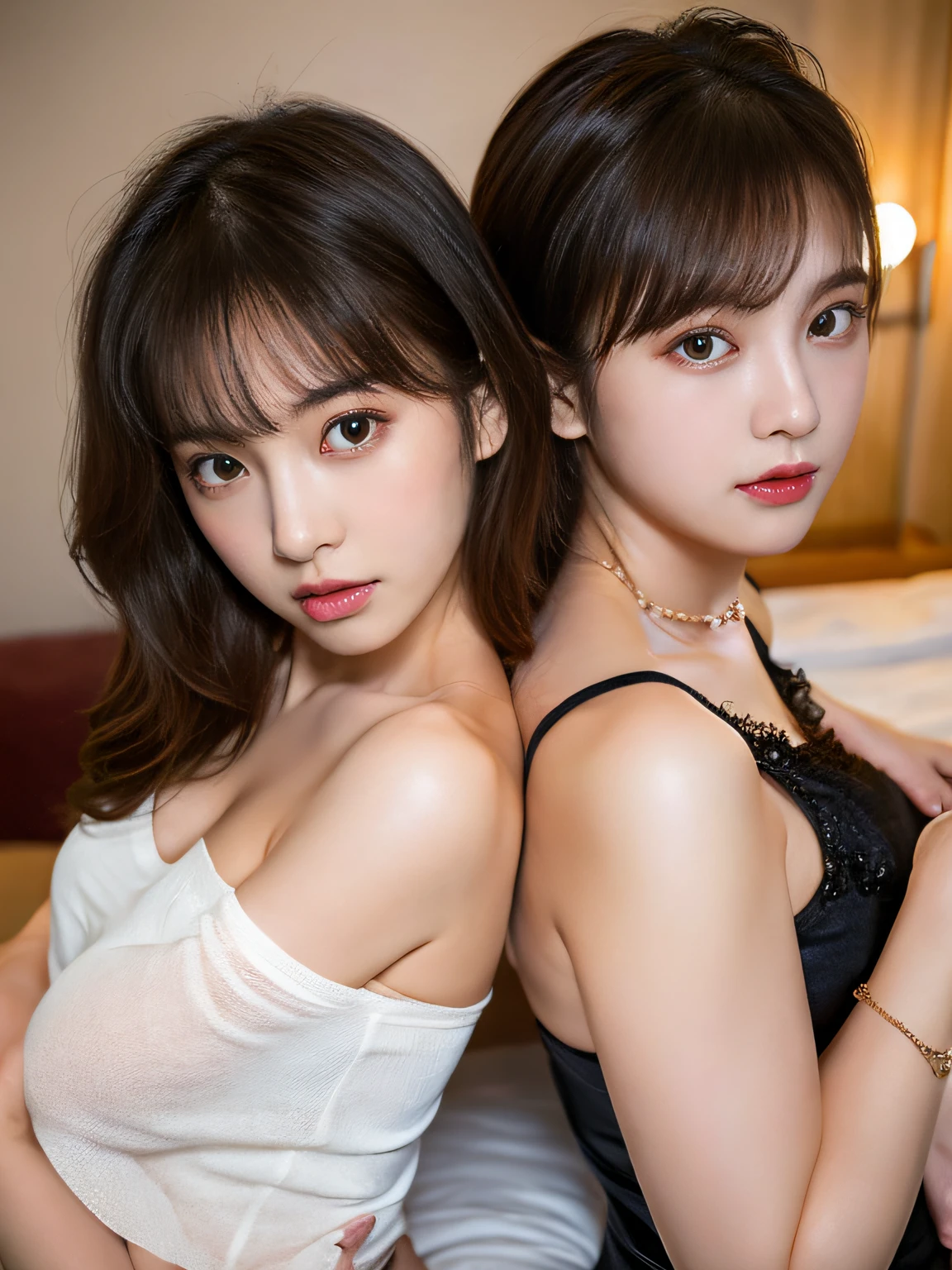 in 8K、top-quality、​masterpiece、ultra-detailliert、Ultra-high resolution、((1 persons))、girl with、A dark-haired、Medium chest、on the beds、bare shoulders​