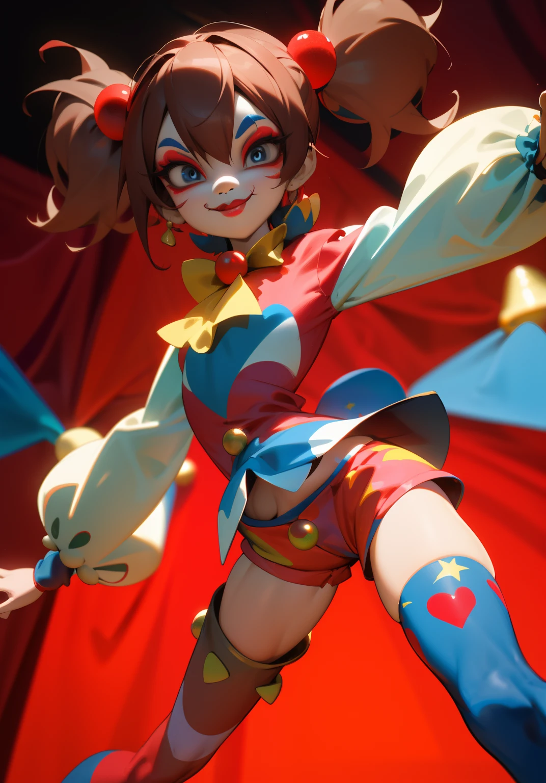 clown girl pomni, brown hair, red and blue eyes, red and blue outfit with round shoulders and thighs, and yellow balls in short, cartoon character of a clown and a red and blue outfit in short, circus red curtain background, cutecore clowncore, y 2 k cutecore clowncore, jester themed, animation character, clown girl, 3d animated, 3 d animated, jester, toonix character, cartoonish cute, 3d character, 3 d character, medieval jester, highly rendered!!, creepy clown girl , insane clown girl, finely detailed, (best quality), (intricate details), cute style, loli, jester style, multicolored, ((long brown hair in pigtails)), best quality, ((long sleeve shirt and shorts)), ((red and white clothes)), ((jester style clothes)), ((thigh high socks)), ((round eyes)), ((has jester makeup)), beautiful face, happy, cute face, pinup, perfect face, simple background portrait