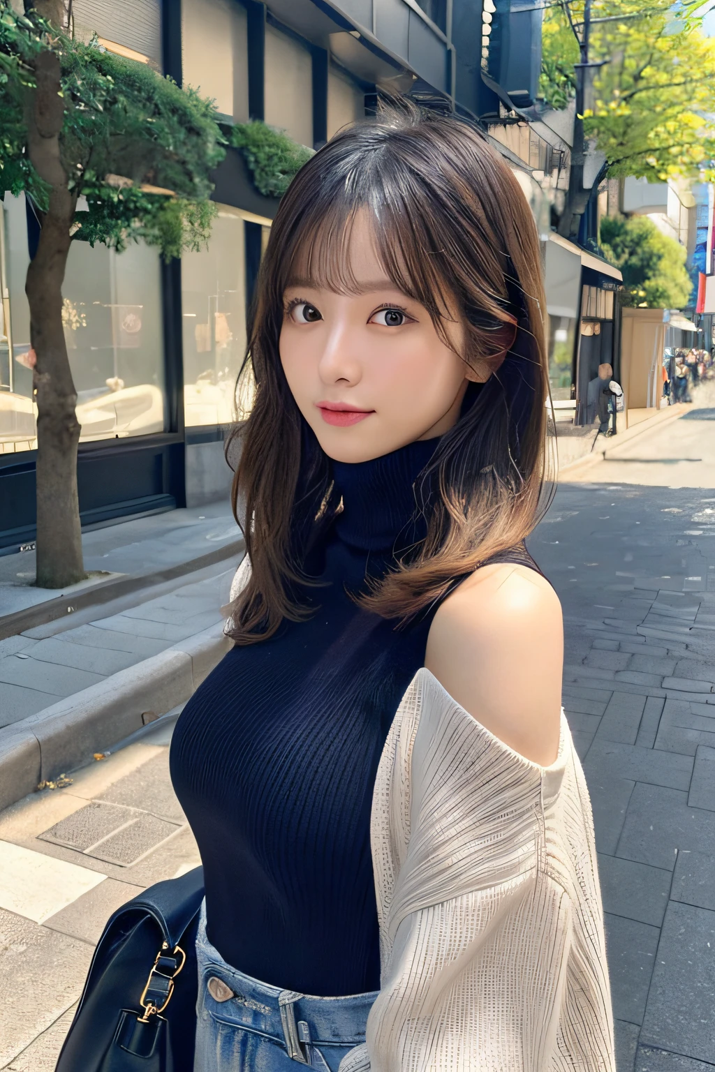 (huge tit、Turtleneck knitwear、Shoulder Bag)、(top-quality,​masterpiece:1.3,超A high resolution,),(ultra-detailliert,Caustics),(Photorealsitic:1.4,RAW shooting,)Ultra-realistic capture,A highly detailed,high-definition16Kfor human skin、 Skin texture is natural、、The skin looks healthy with an even tone、 Use natural light and color,One Woman,japanes,,kawaii,A dark-haired,Middle hair,(depth of fields、chromatic abberation、、Wide range of lighting、Natural Shading、)、(Hair swaying in the wind:1.2)、Streets of Tokyo