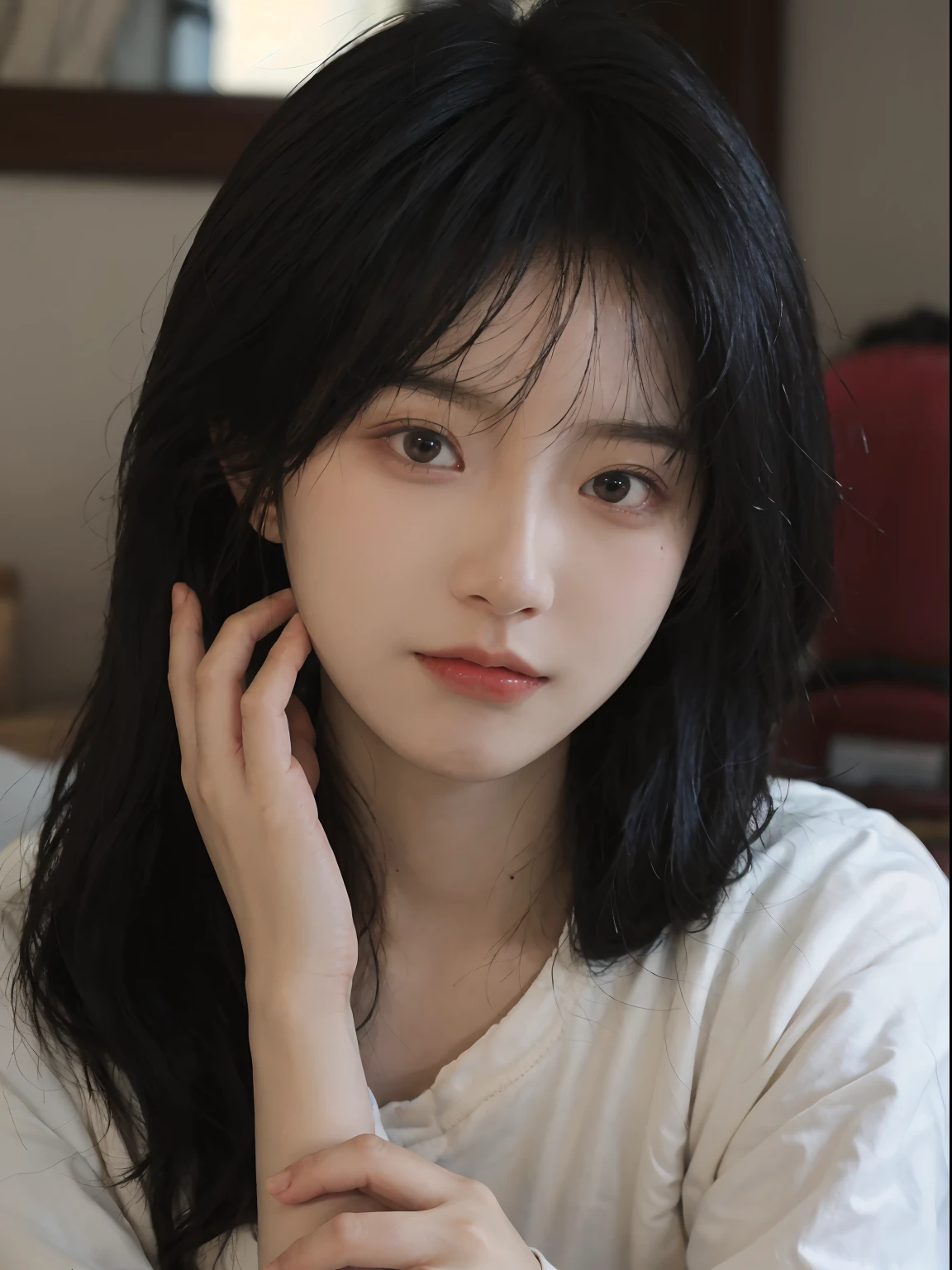 best qualtiy， 超高分辨率， （realisticlying：1.4）， A woman with long black hair and a gray sweater, 中景 the scene is, in a sunbeam，She has black hair，By bangs, young lovely Korean faces, wan adorable korean face, ulzzangs, Shin Jinying, beautiful aesthetic face, Korean face features, Played by Liu Lee Ji Eun ，Beautiful realistic face