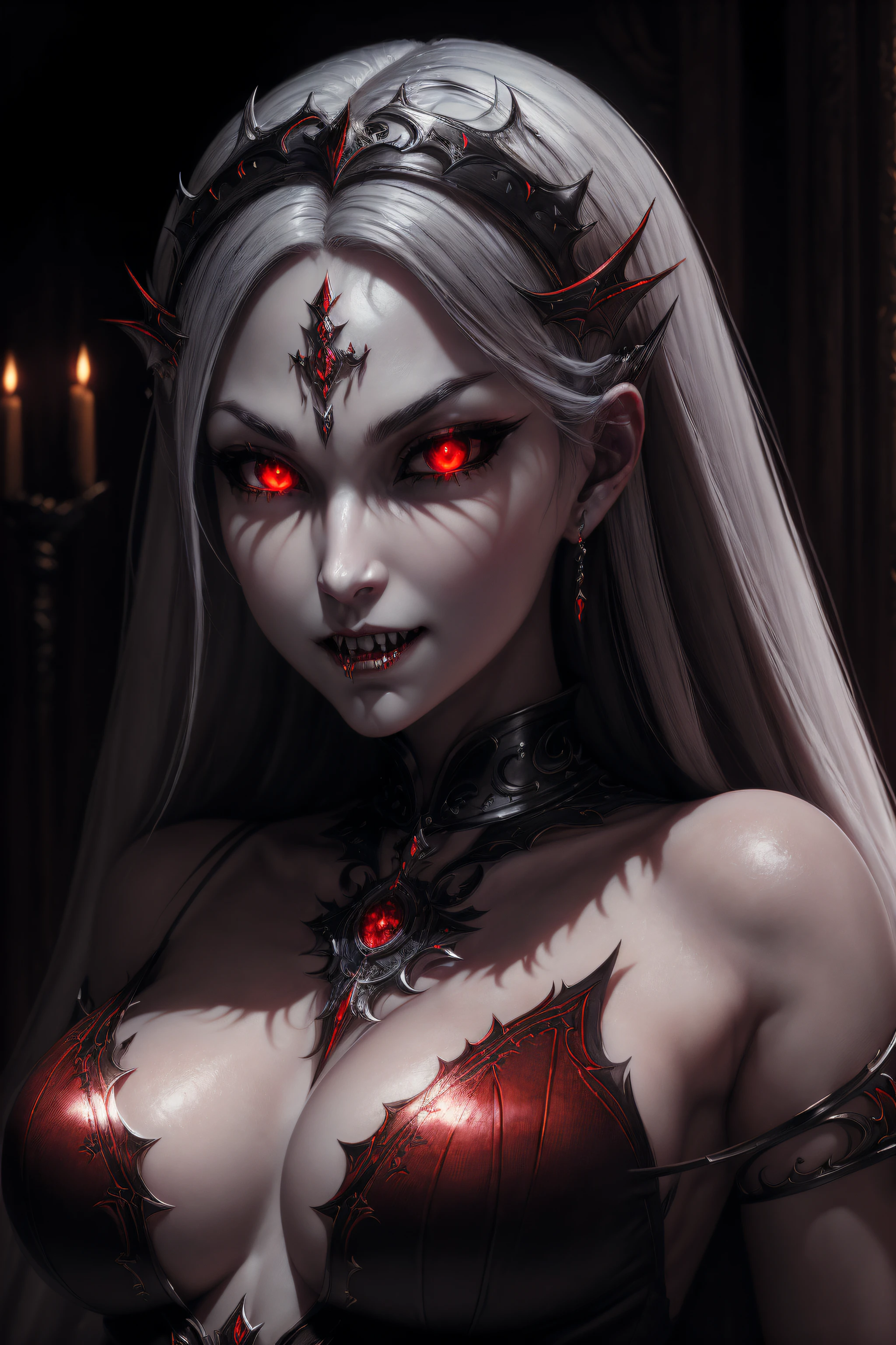 ,Best quality, Official art, extremely detailed, High resolution, (very detailed CG Unity 8K wallpapers:1.3), Vampire Princess, 1Girl, white skin, red eyes, sharp fangs, supernatural beauty, 8k resolution