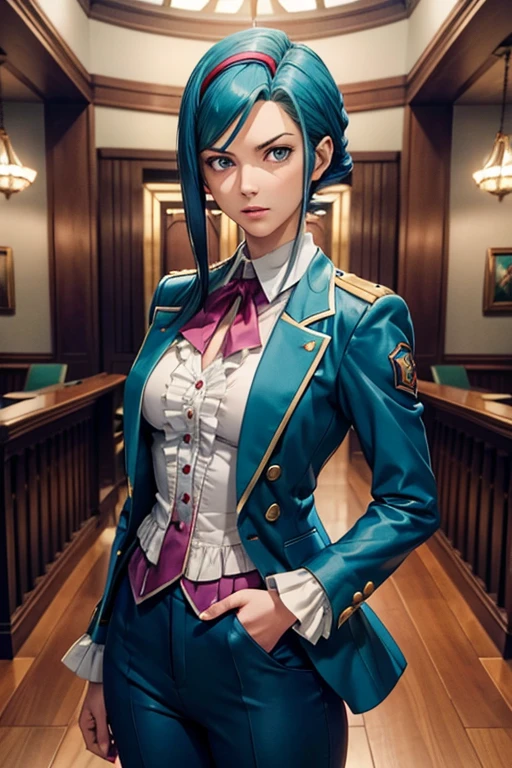 Franziska Von Karma ((Phoenix Wright : ace attorney)) in a justice Hall, Lawyer, 30 ans, Cyan Blue Hair, Puffy clothes, Clothing with ruffles, Wear a blue pant ,Use a Whip, Cyan blue clothes, , Regard strict, Stern look. (Best quality:1.1), (Masterpiece:1.4), 1fille, (cheveux volumineux)+ , cheveux courts, (Yeux verts) Petits seins, (small lips ) +