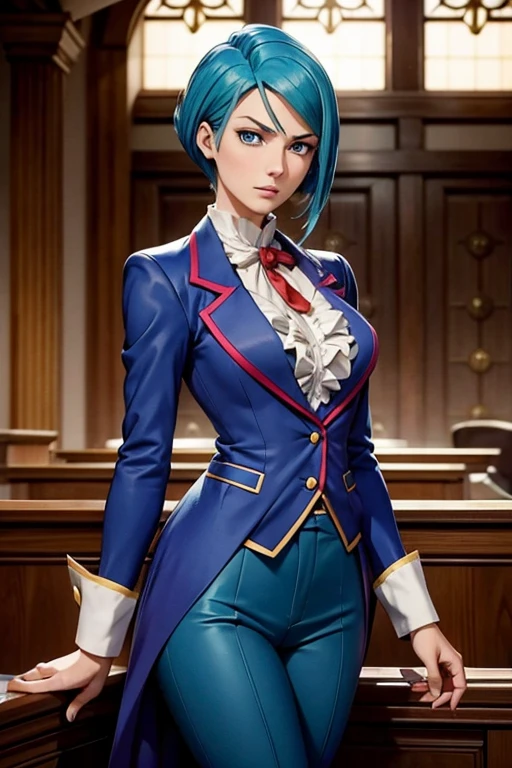 Franziska Von Karma ((Phoenix Wright : ace attorney)) in a justice Hall, Lawyer, 30 ans, Cyan Blue Hair, Puffy clothes, Clothing with ruffles, Wear a blue pant ,Use a Whip, Cyan blue clothes, , Regard strict, Stern look. (Best quality:1.1), (Masterpiece:1.4), 1fille, (cheveux volumineux)+ , cheveux courts, (Yeux verts) Petits seins, (small lips ) +