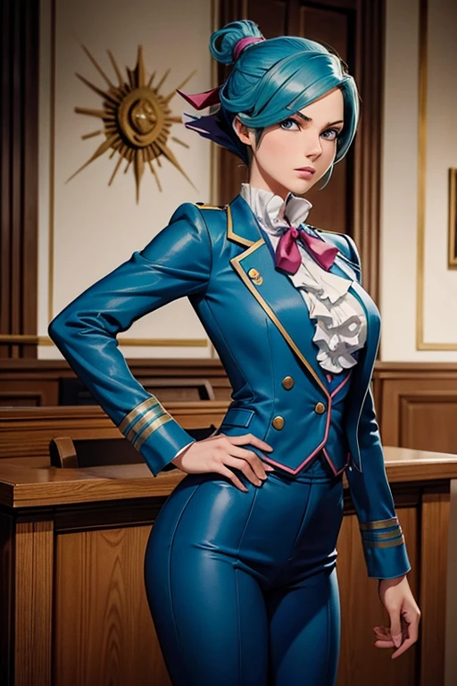 Franziska Von Karma ((Phoenix Wright : ace attorney)) in a justice Hall, Lawyer, 30 ans, Cyan Blue Hair, Puffy clothes, Clothing with ruffles, Wear a blue pant ,Use a Whip, Cyan blue clothes, , Regard strict, Stern look. (Best quality:1.1), (Masterpiece:1.4), 1fille, (cheveux volumineux)+ , cheveux courts, (Yeux verts) Petits seins, (small lips ) +