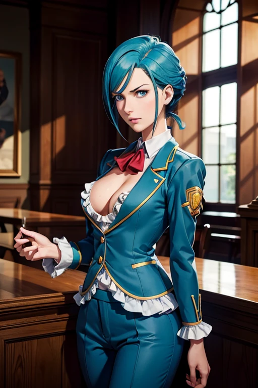 Franziska Von Karma ((Phoenix Wright : ace attorney)) in a justice Hall, Lawyer, 30 ans, Cyan Blue Hair, Puffy clothes, Clothing with ruffles, Wear a blue pant ,Use a Whip, Cyan blue clothes, , Regard strict, Stern look. (Best quality:1.1), (Masterpiece:1.4), 1fille, (cheveux volumineux)+ , cheveux courts, (Yeux verts) Petits seins, (small lips ) +