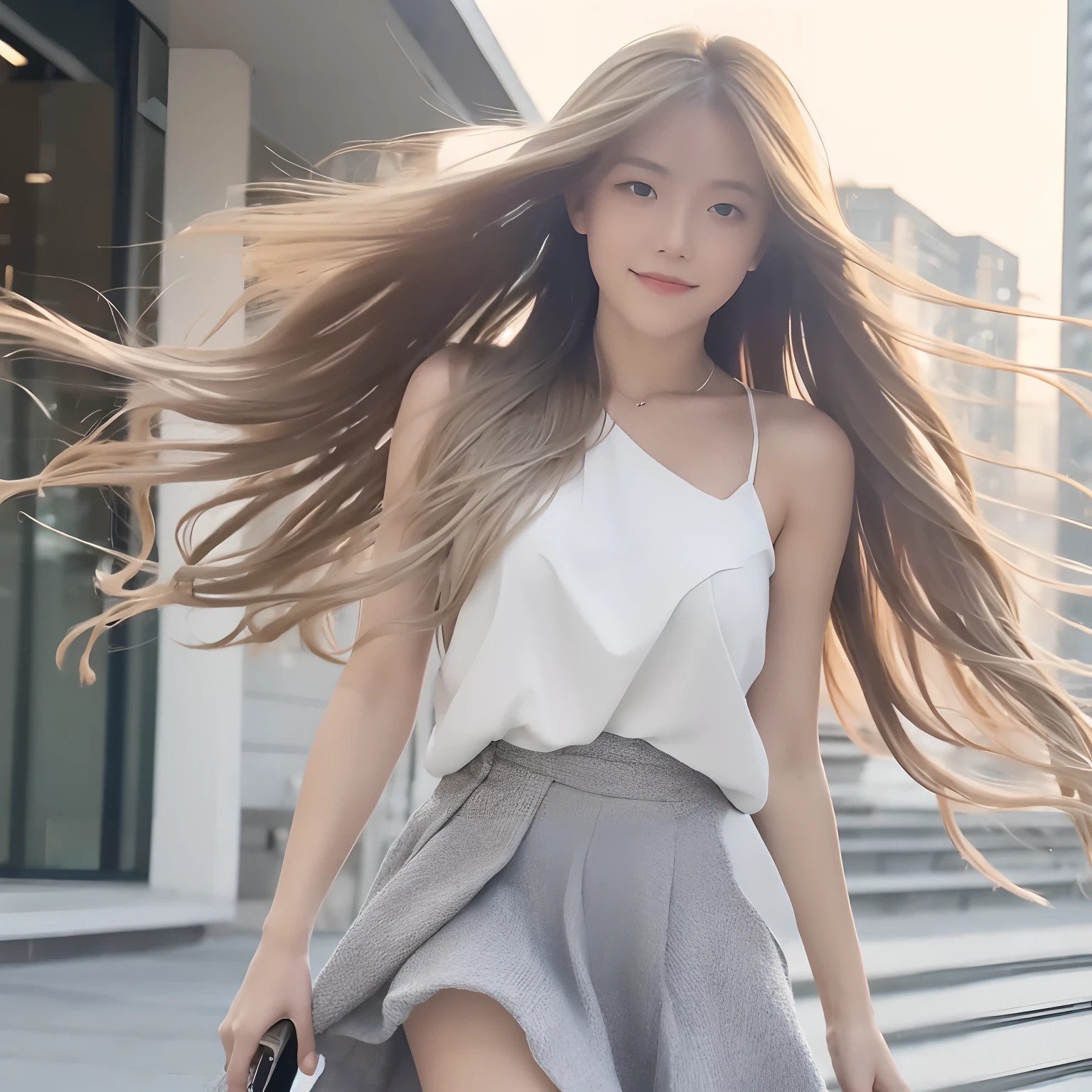 "(Best picture quality、A masterpice), white backgrounid, Ultra-thin paper，Sparkling, Beautiful and tasteful, The wind blew for a long time，ssmile, curly blond hair, Vivid and stunning，Scottish pleated skirt，Greater wind，The wind blows hair，Floating hair，Static clothes，Short sleeved bodice，extra very long hair，12 meters long hair，Hair grows to the floor，Correct limbs，fully body photo，standing on your feet，white short sleeve，Cross your hands at your waist，mid day，Sunnyday"