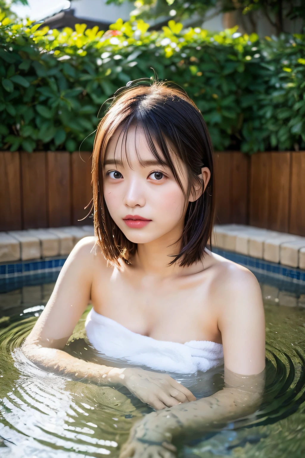 in 8K、top-quality、​masterpiece、ultra-detailliert、Ultra-high resolution、1 persons、 girl、A dark-haired、二重まぶた、浴室、steams、(Wrap a white bath towel around your body)、(wetting hair)、((wetted skin))、(water dripping)、(((Face uplifted)))、(((perspiring)))、turned around