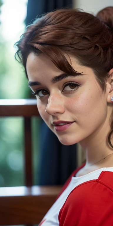 Photo of a 15-year-old European girl, .RAW, beautiful woman, (Light brown hair with ponytail hairstyle ), peinado de cola de caballo ((retrato)), ((Cara detallada:1.2)), ((Detailed facial features)), (Piel finamente detallada), Pale skin , con pecas en mejillas ,parque, Noria de Londres、uniforme de porristas color blanco y rojo 、senos medianos ,risa timida (cool color), humid, humid, Reflectores, (Masutepiece) (proporciones perfectas)(fotos realistas)(La mejor calidad) (Detallado) fotografiado con una EOS R5 de Canon, Lente de 50 mm, f/2.8, NffSW, (8k) (papel tapiz) (cinematic lighting) (Dramatic lighting) (foco nítido) (Enrevesado) , parque , cuerpo completo, mirando seductora mente