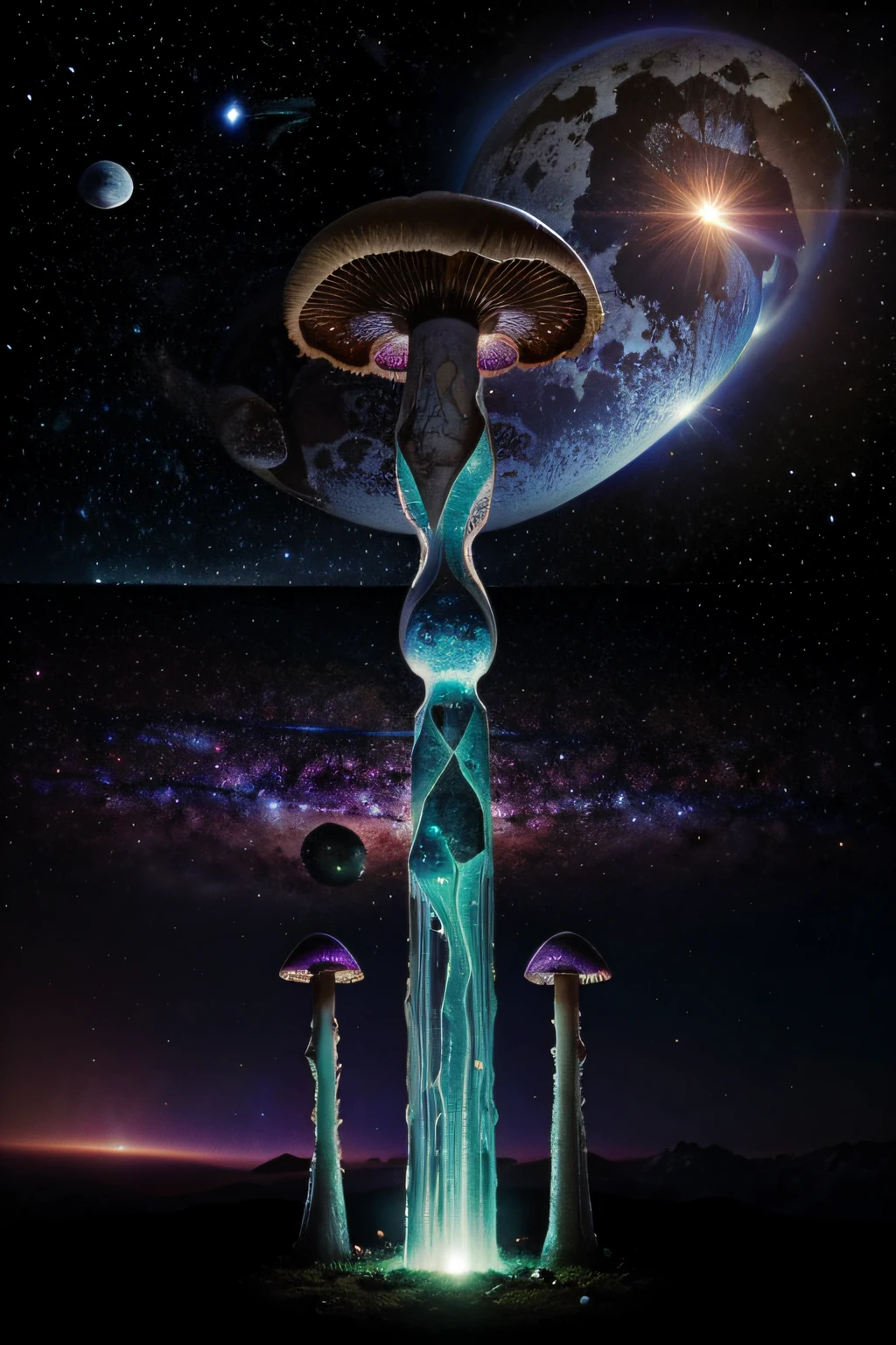 magic mushrooms, in universe, psuchedelic,planet,dmt entities, alien art