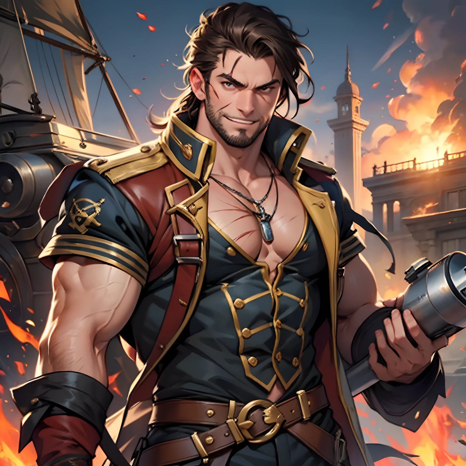 Pirate captain, The Young Man Without a Beard, 30 years old, bronze skin, Muscular body, Scar on the nose, malevolent grin, Intense look, Thick neck, carry a cannon