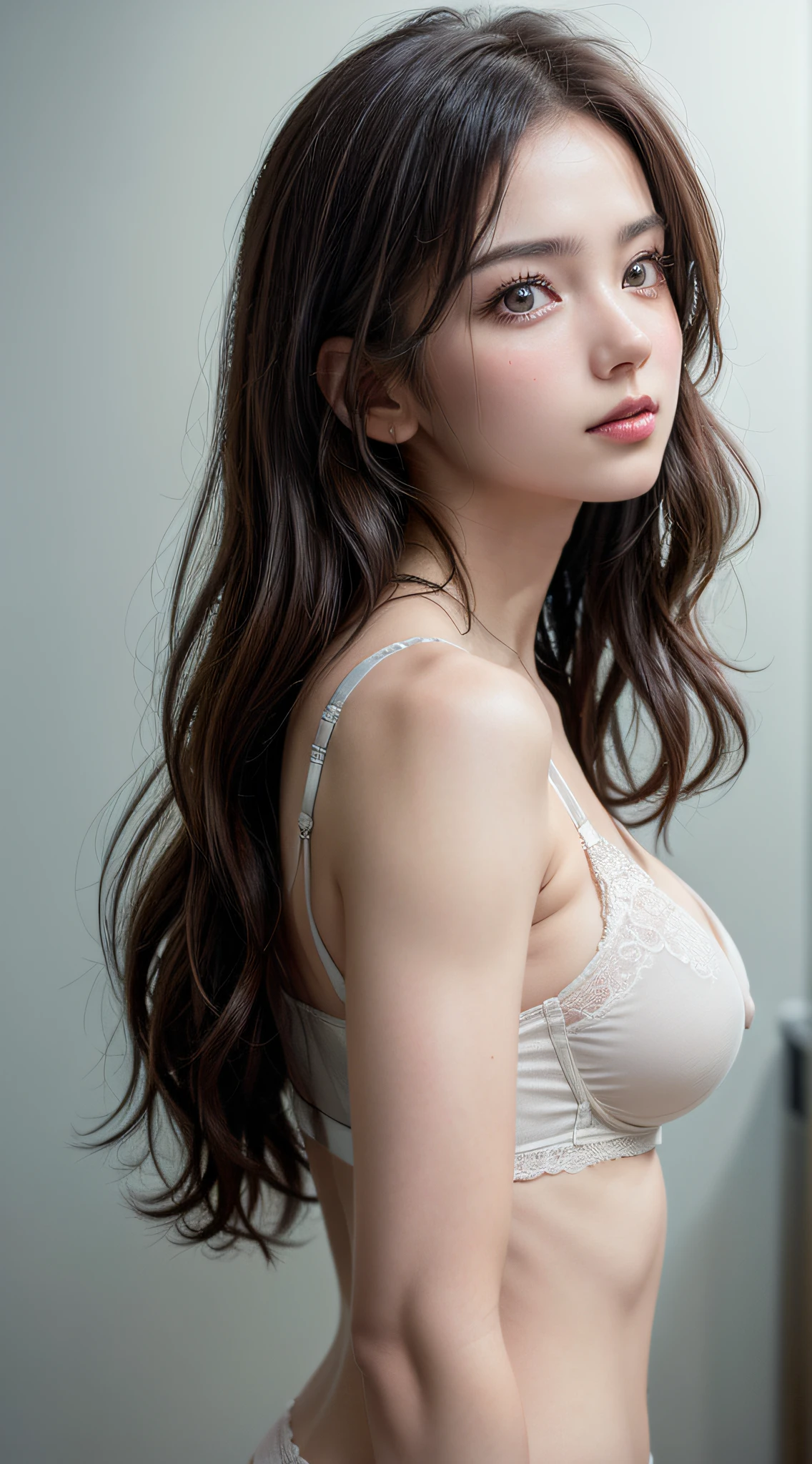 (best Quality:1.4), (hyper quality:1.2), Raw photo, (Realistic, Photorealsitic:1.37), Professional Photography, Cinematic Light, 1girl, solo, super fucking beautiful, extremely cute, Amazing face and eyes, ((cute lace bra)), large breasts, (from side:1.3), simple background,