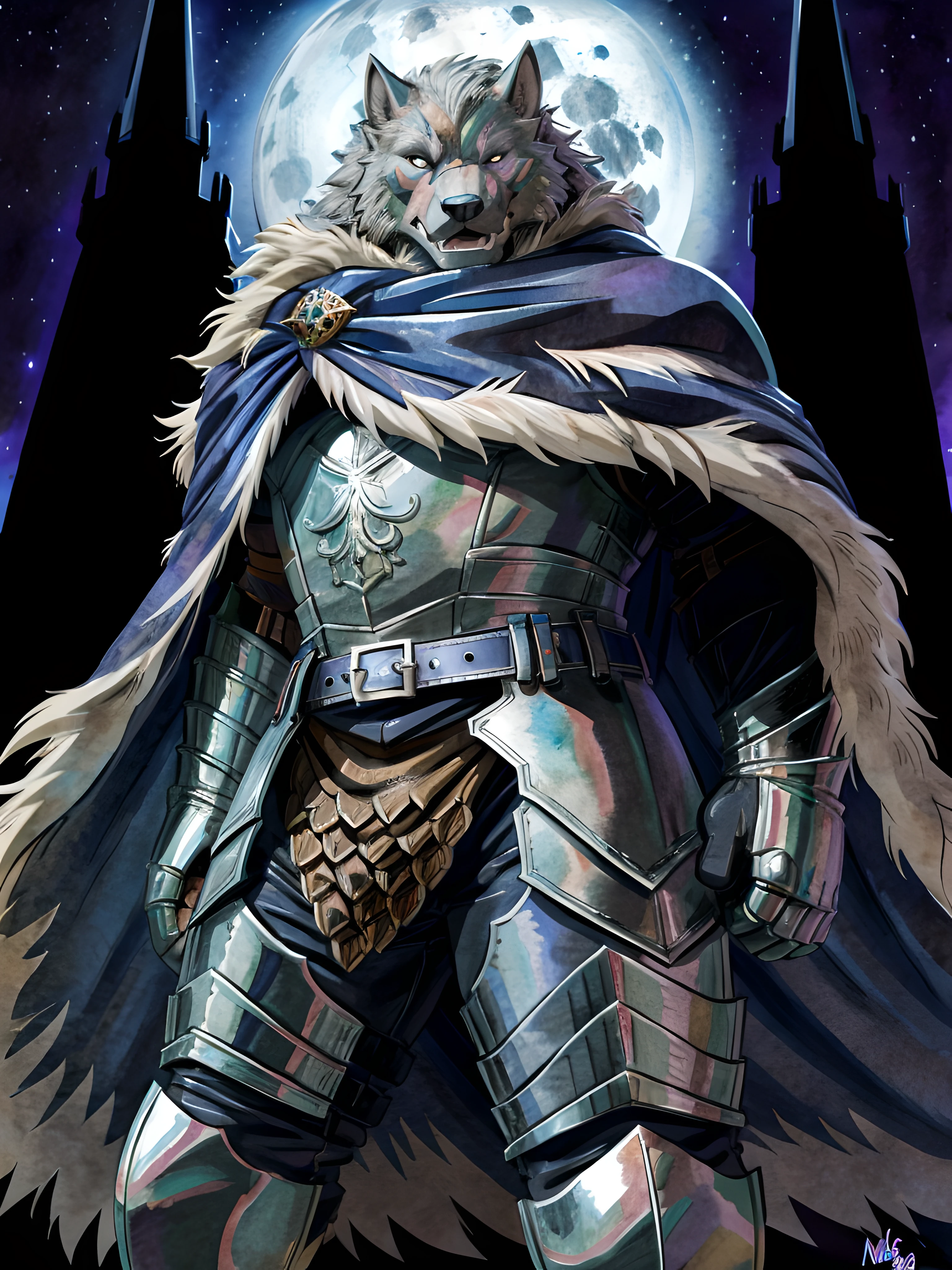 blaidd (elden ring), furry body, very muscular, heavyweight, armor, cape, pants, belt, male, masculine, 4k, high resolution, detailed, correct anatomy, correct proportions, (dark background, black castle background, full moon), half body, (by wfa, by negger:1.0), darkness:1.5, glow, messy coloring, white eyes, standing in shadows:1.2