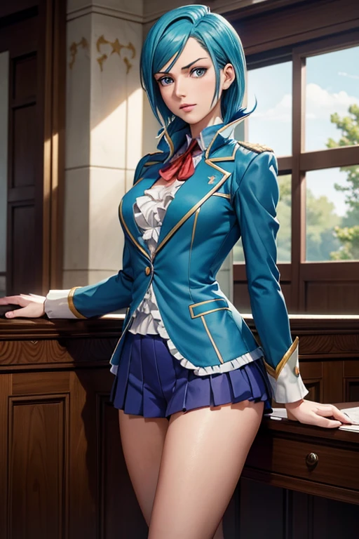Franziska Von Karma ((Phoenix Wright : ace attorney)) in a justice Hall, Lawyer, 30 ans, Cyan Blue Hair, Puffy clothes, Clothing with ruffles, Wear a blue pant ,Use a Whip, Cyan blue clothes, , Regard strict, Stern look. (Best quality:1.1), (Masterpiece:1.4), (cheveux volumineux)+ , cheveux courts, Squared Chheveux (Yeux verts) Petits seins, (small lips ) +