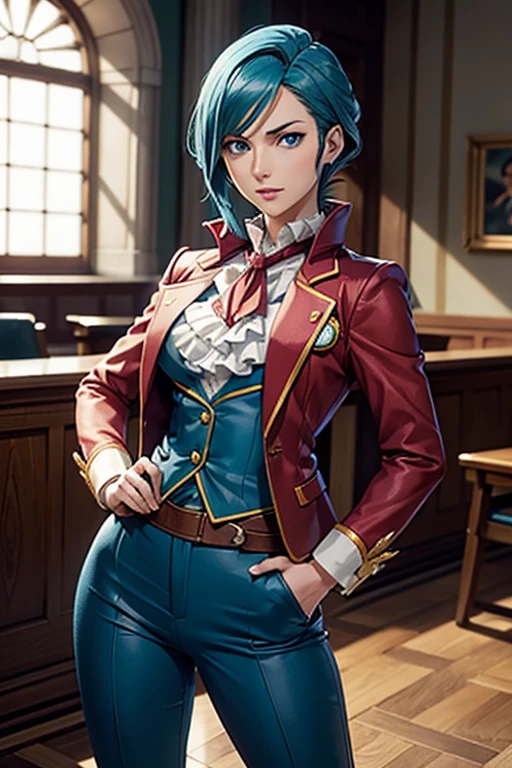 Franziska Von Karma ((Phoenix Wright : ace attorney)) in a justice Hall, Lawyer, 30 ans, Cyan Blue Hair, Puffy clothes, Clothing with ruffles, Wear a blue pant ,Use a Whip, Cyan blue clothes, , Regard strict, Stern look. (Best quality:1.1), (Masterpiece:1.4), (cheveux volumineux)+ , cheveux courts, Squared Chheveux (Yeux verts) Petits seins, (small lips ) +